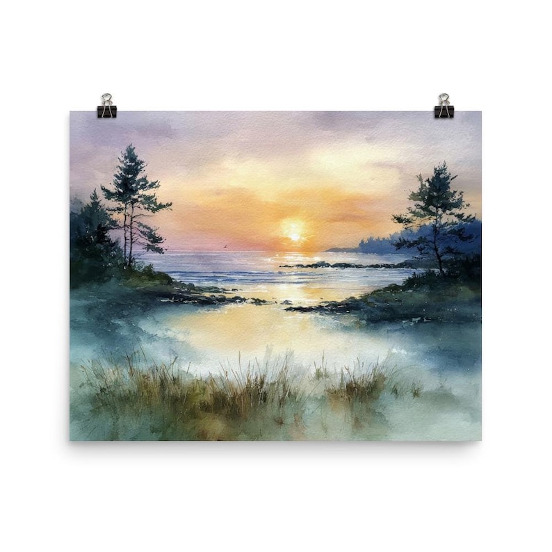 Lake Michigan Sunset Watercolor Art Print Misty Pine Forest Landscape ...