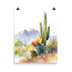 Saguaro Cactus Art Print Blooming Prickly Pears Watercolor Painting Sonoran Desert Landscape Wall Art Arizona Nature Poster Southwest Decor
