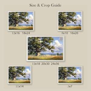 May include: A selection of framed landscape art prints showcasing a large oak tree in a field beneath a blue sky with fluffy white clouds. The prints are available in various sizes, including 30x40cm and 46x61cm.