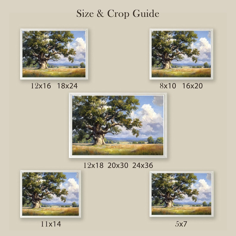 May include: A selection of framed landscape art prints showcasing a large oak tree in a field beneath a blue sky with fluffy white clouds. The prints are available in various sizes, including 30x40cm and 46x61cm.
