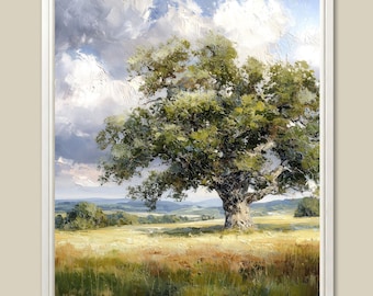Majestic Oak Tree Oil Painting Art Print Rolling Hills Summer Landscape Wall Art Rustic Decor