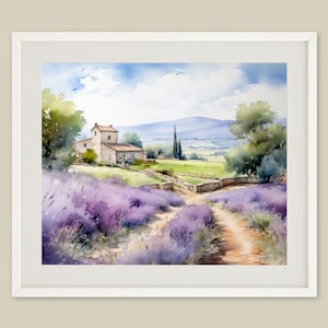 Lavender Field Art Print Cottage Watercolor Painting Provence French landscape Wall Art Purple Flower Poster Farmhouse Wall Decor