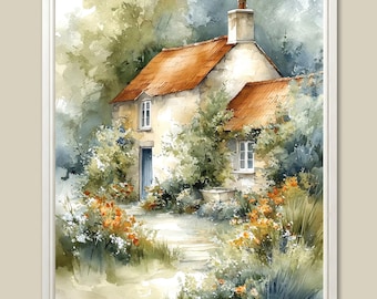 English Cottage Watercolor Print: Flower Garden Landscape Art