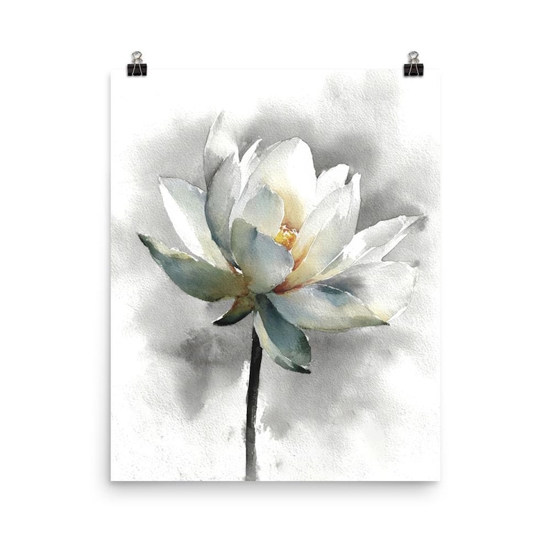 White Lotus Flower Art Print Watercolor Painting Botanical Wall Art Zen ...