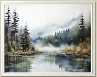 Klamath River Watercolor Art Print: Misty Oregon Landscape