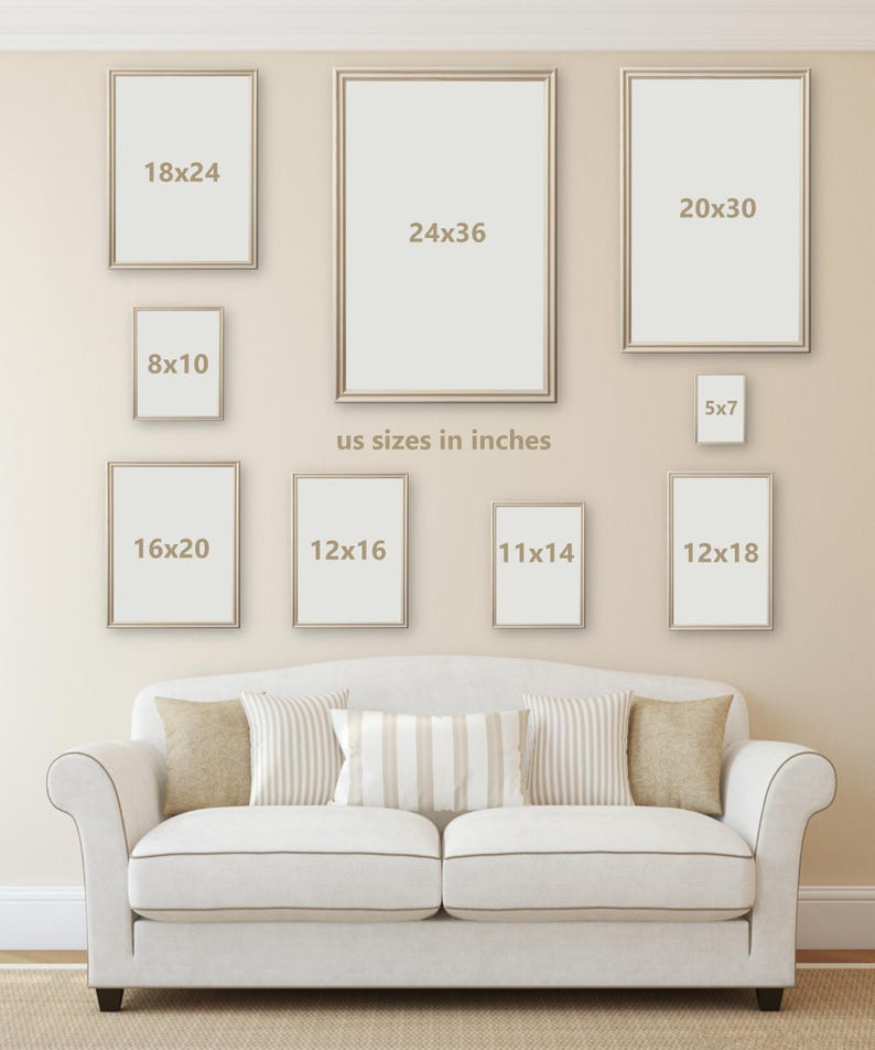 May include: A display of framed art prints in various sizes, including 18x24, 24x36, 20x30, 8x10, 5x7, 16x20, 12x16, 11x14, and 12x18 inches. The text "us sizes in inches" is visible. A white sofa with beige pillows is in the foreground.