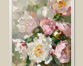 Peony Oil Painting Print: Neutral Floral Garden Wall Art