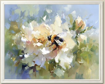 Bumblebee and White Peony Art Print: Garden Floral Rustic Home Decor