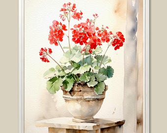 Geranium Watercolor Painting: Neutral Floral Botanical Art Print