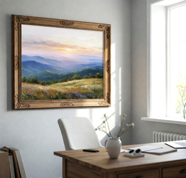 Blue Ridge Mountains Sunset Oil Painting Print: Appalachian Landscape ...