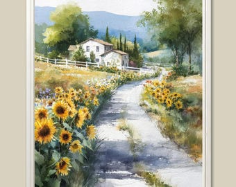 Impresión artística en acuarela de un campo de girasoles toscano: paisaje de granja