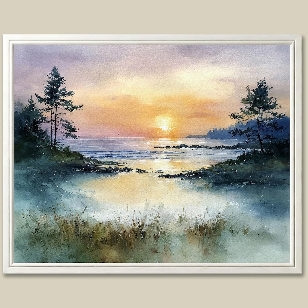Lake Michigan Sunset Watercolor Art Print Misty Pine Forest Landscape ...