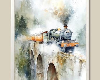Steam Train Watercolor Art Print: Scottish Highlands Railway Viaduct