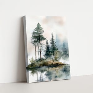Misty Forest Lake Art Print: Watercolor Pine Tree Landscape image 12