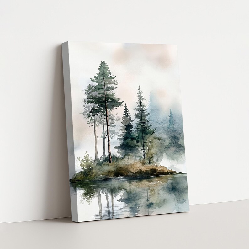 Misty Forest Lake Art Print: Watercolor Pine Tree Landscape image 12