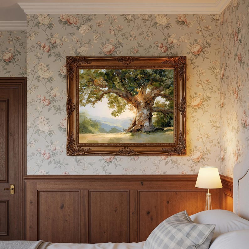 May include: A framed landscape painting of a large tree with a wide trunk and sprawling branches. The artwork is set against a backdrop of rolling hills and a bright sky. The frame is ornate and gold-toned, adding a classic touch to the room's decor.