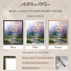 May include: Ready-to-hang wooden framed posters with design options. The image shows three framed art prints with a watercolor painting of a path through a garden. Frames are available in black, white, and natural wood. The frame set includes an ayous wood frame, acrylite front, and hanging hardware.