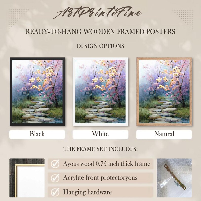 May include: Ready-to-hang wooden framed posters with design options. The image shows three framed art prints with a watercolor painting of a path through a garden. Frames are available in black, white, and natural wood. The frame set includes an ayous wood frame, acrylite front, and hanging hardware.