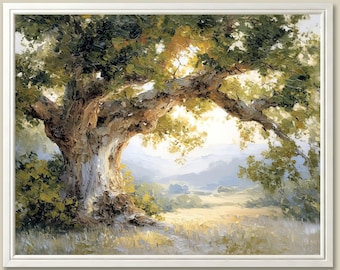Impresión de pintura al óleo de un roble iluminado por el sol - Paisaje rústico de valle montañoso