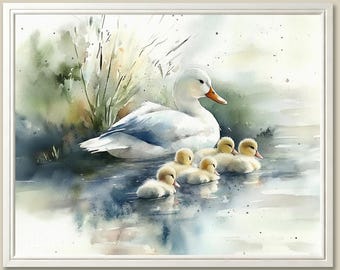 Ducklings Watercolor Art Print: Birds on Pond, Country Landscape