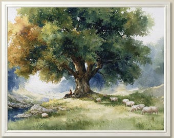Oak Tree Art Print Grazing Sheep Watercolor Painting Meadow Landscape Wall Art