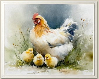 Impresión artística de gallina con pollitos, acuarela, animales de granja, arte de pared, decoración de cocina campestre