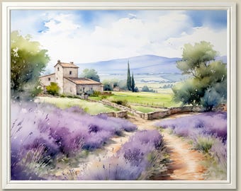 Lavender Field Watercolor Art Print: Provence Cottage Farmhouse Decor
