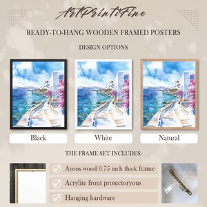 May include: Three framed posters featuring a watercolor coastal scene with white buildings and pink flowers. The set includes black, white, and natural wood frames, each 0.75 inches thick, with an acrylite front protector and hanging hardware.