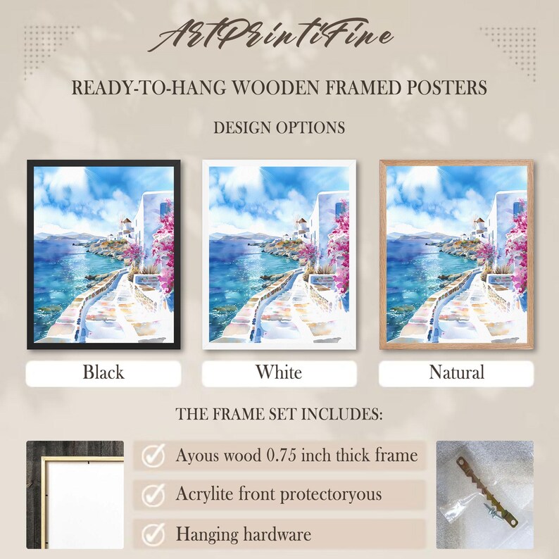 May include: Three framed posters featuring a watercolor coastal scene with white buildings and pink flowers. The set includes black, white, and natural wood frames, each 0.75 inches thick, with an acrylite front protector and hanging hardware.