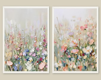 Wildflower Meadow Art Prints Set: Neutral Floral Oil Painting