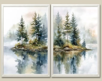 Watercolor Pine Trees Art Print Set: Misty Forest Lake (Set of 2)