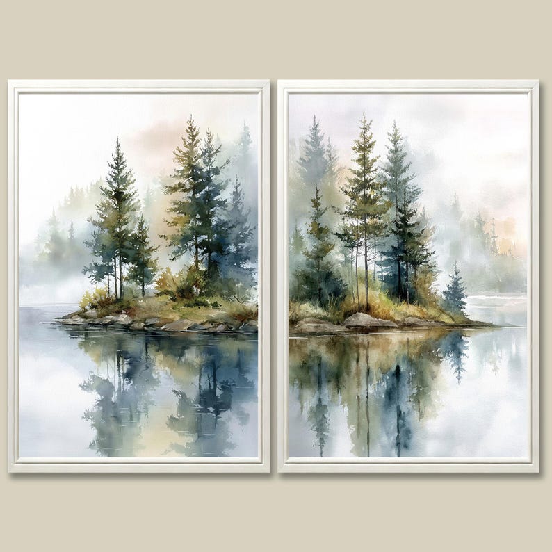 Watercolor Pine Trees Art Print Set: Misty Forest Lake (set of 2) - Etsy