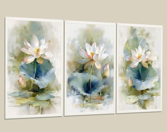 Lotus Flower Art Print Set of 3, Botanical Watercolor Triptych