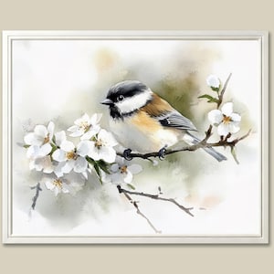 Chickadee Painting Spring Flowers Watercolor Art Print Bird On Branch Wall Art Nature Poster Farmhouse Wall Décor