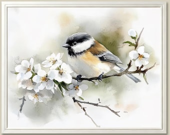 Impresión artística de acuarela de carbonero: flores de primavera, pájaro en rama, decoración de pared de estilo rústico.