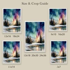 Puede incluir: Impresiones art&iacute;sticas enmarcadas que muestran un paisaje acuarelado con una vibrante aurora boreal. La obra presenta un primer plano nevado, &aacute;rboles de hoja perenne y una masa de agua reflectante. Tama&ntilde;os de 12,7x17,8 cm a 61x91,4 cm.