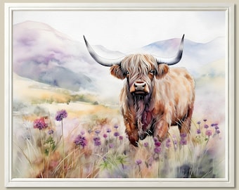 Highland Cow Watercolor Print Scottish Mountain Landscape Wall Art Rustic Farmhouse Decor