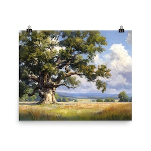 May include: A print of a landscape painting depicting a large oak tree with extensive branches and green foliage. The tree is in a field of golden grass under a blue sky with white clouds. The artwork is attached to a wall with black clips.