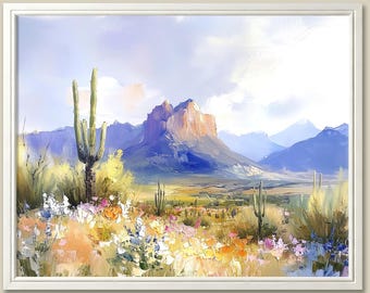 Sonoran Desert Art Print: Saguaro Cactus, Arizona Mountain Landscape