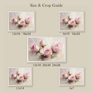 May include: A collection of framed art prints featuring a floral still life of pink roses. The prints are displayed in various sizes, including 12x16 inches, 18x24 inches, 8x10 inches, 16x20 inches, 12x18 inches, 20x30 inches, 24x36 inches, 11x14 inches, and 5x7 inches.