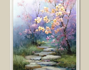 Cherry Blossom Art Print Spring Garden Watercolor Painting Enchanted Landscape Wall Art