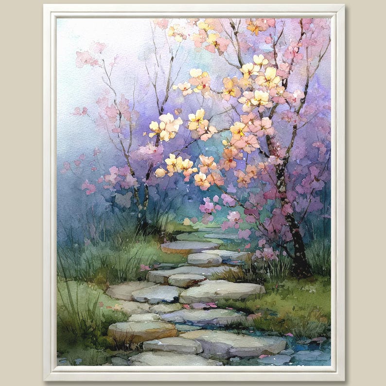 May include: Watercolor painting of a serene garden path framed in white. The artwork features a stone path winding through a lush landscape with blooming cherry blossom trees in shades of pink and yellow. The background has a soft, blue and purple gradient.
