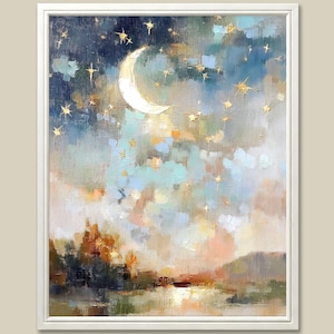 Pintura de cielo estrellado nocturno, luna creciente, impresión artística, paisaje de río de cuento de hadas, arte de pared, póster celestial caprichoso, decoración de guardería de ensueño