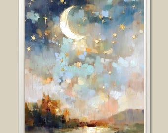 Cuadro de cielo estrellado: lámina artística de paisaje fluvial con luna creciente.