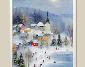 May include: A framed winter landscape painting depicts a snow-covered village with colorful houses and a church under a moonlit sky. Figures are seen ice skating and walking in the snow, creating a serene, seasonal scene.