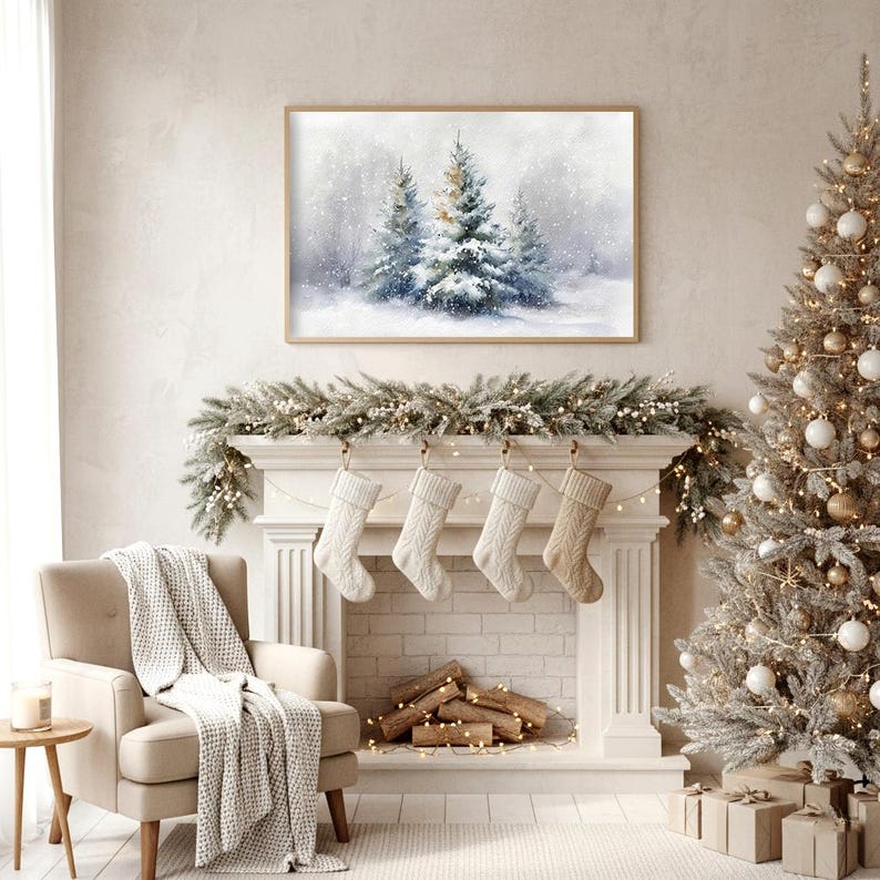 May include: A cozy Christmas scene featuring a framed winter landscape above a white fireplace adorned with stockings and garland. A decorated Christmas tree stands to the right, with a neutral-toned armchair and blanket in the foreground. Presents are placed under the tree.