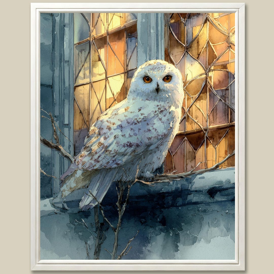 Snowy Owl Art Print Watercolor Painting Gothic Window Night Wall Art ...
