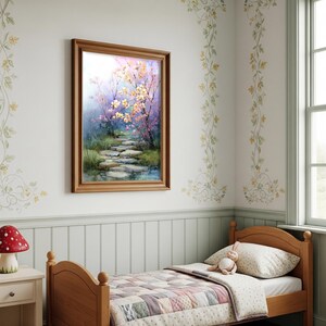 May include: A framed watercolor painting depicts a stone path leading through a garden with flowering trees. The artwork is in a room with a wooden bed, a nightstand with a mushroom lamp, and floral wall decorations.