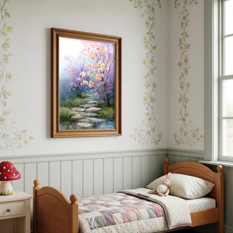 May include: A framed watercolor painting depicts a stone path leading through a garden with flowering trees. The artwork is in a room with a wooden bed, a nightstand with a mushroom lamp, and floral wall decorations.