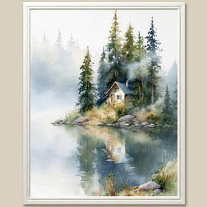 May include: Watercolor painting of a cabin nestled among evergreen trees on a small island. The cabin has a light-colored exterior and a blue roof. The scene is reflected in the calm water of a lake, with a misty background.
